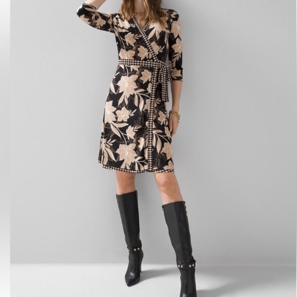 White House Black Market Floral 3/4 Sleeve Reversable Wrap Dress Women's 4 Ecru